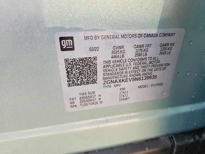 Продаж на аукціоні авто 2022 Chevrolet Equinox, vin: 2GNAXKEV5N6139935, номер лоту: 51619356