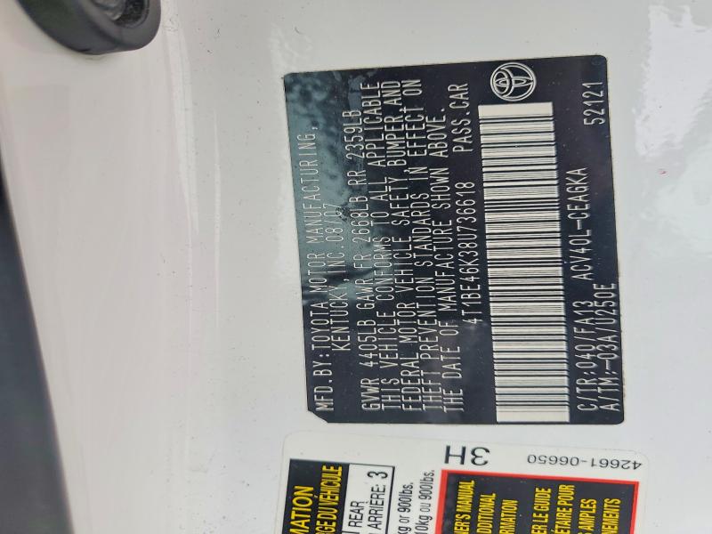 2008 Toyota Camry მანქანა იყიდება აუქციონზე, vin: 4T1BE46K38U736618, აუქციონის ნომერი: 50947996