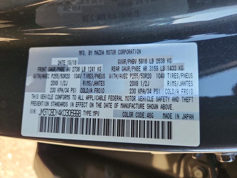 48704786 :رقم المزاد ، JM3TCBDY4K0306998 vin ، 2019 Mazda Cx-9 مزاد بيع
