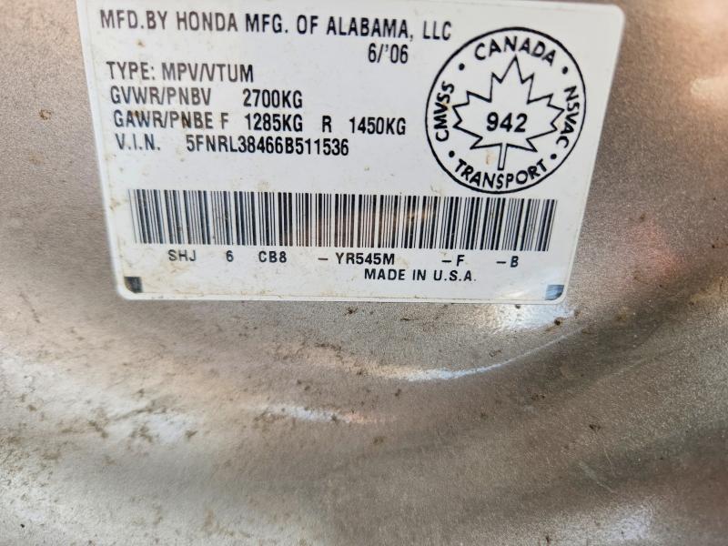 Продаж на аукціоні авто 2006 Honda Odyssey, vin: 5FNRL38466B511536, номер лоту: 49156386