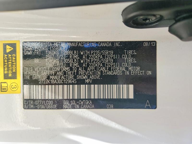 50449806 :رقم المزاد ، 2T2ZK1BA3DC129645 vin ، 2013 Lexus Rx مزاد بيع