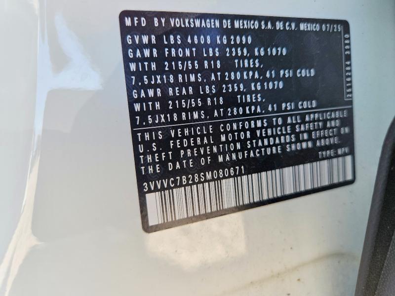 2025 Volkswagen Taos მანქანა იყიდება აუქციონზე, vin: 3VVVC7B28SM080671, აუქციონის ნომერი: 50905536