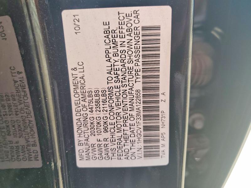 Aukcja sprzedaży 2021 Honda Accord, vin: 1HGCV1F33MA122858, numer aukcji: 50323116
