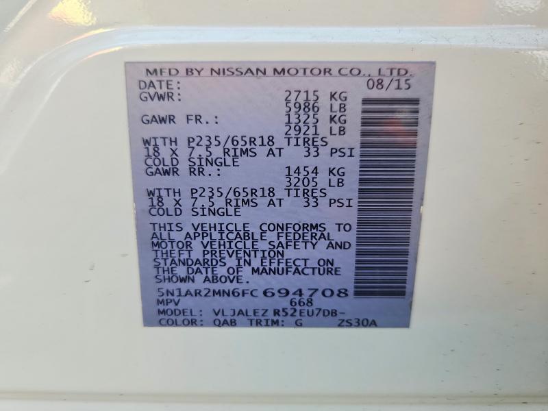 2015 Nissan Pathfinder მანქანა იყიდება აუქციონზე, vin: 5N1AR2MN6FC694708, აუქციონის ნომერი: 51537036