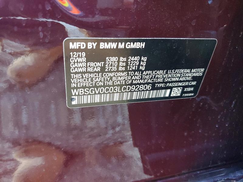 50818466 :رقم المزاد ، WBSGV0C03LCD92806 vin ، 2020 Bmw M8 مزاد بيع