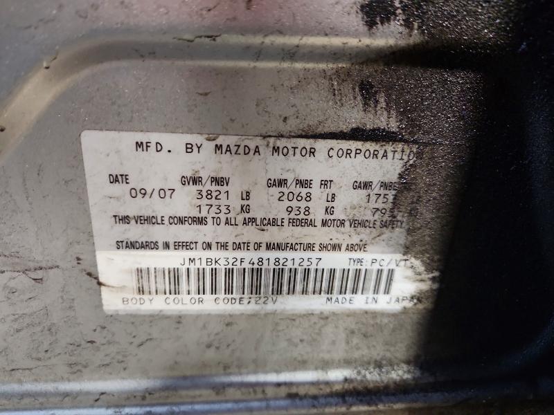 Продаж на аукціоні авто 2008 Mazda 3, vin: JM1BK32F481821257, номер лоту: 49790306