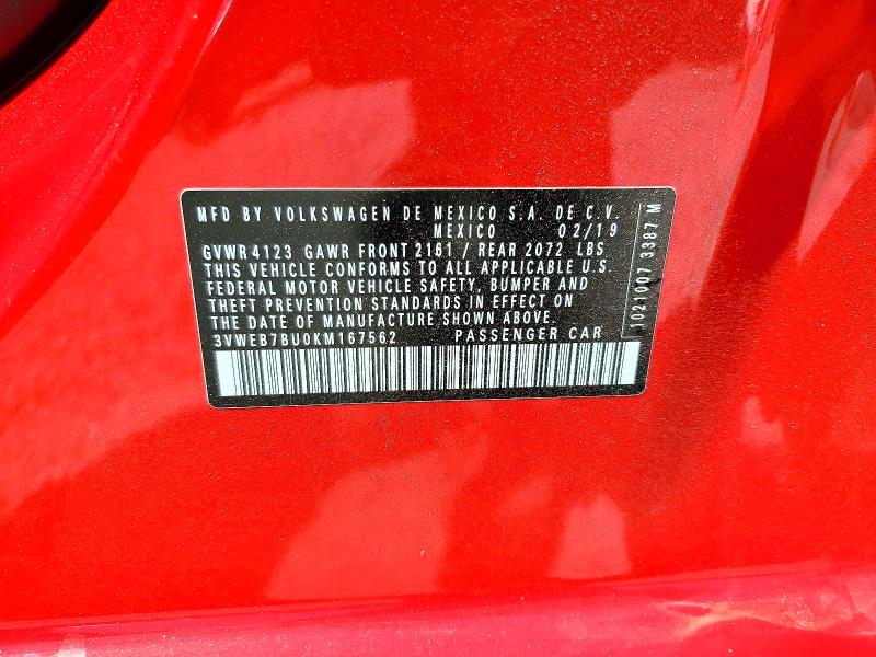 2019 Volkswagen Jetta მანქანა იყიდება აუქციონზე, vin: 3VWEB7BU0KM167562, აუქციონის ნომერი: 50418226