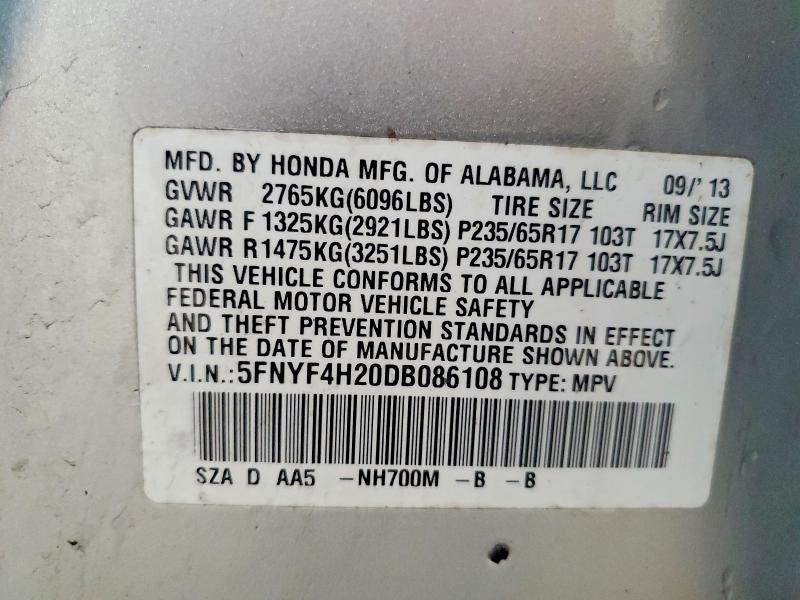 Aukcja sprzedaży 2013 Honda Pilot, vin: 5FNYF4H20DB086108, numer aukcji: 50433476