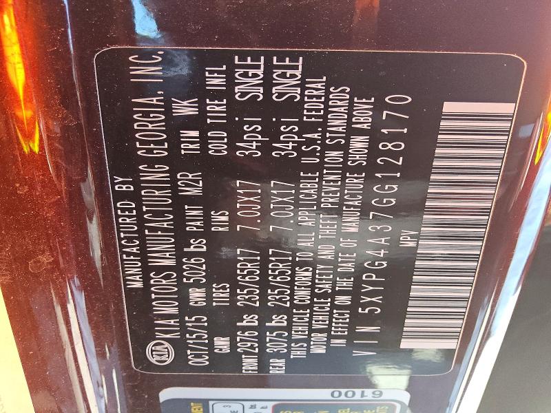 Продаж на аукціоні авто 2016 Kia Sorento, vin: 5XYPG4A37GG128170, номер лоту: 50833736