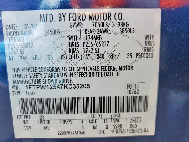 2007 Ford F150 მანქანა იყიდება აუქციონზე, vin: 1FTPW12547KC35205, აუქციონის ნომერი: 49932086