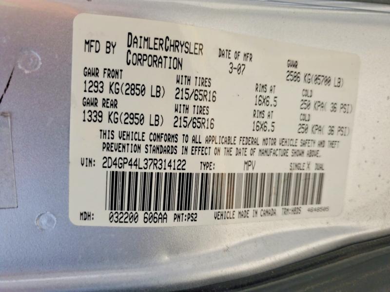 2007 Dodge Grand Caravan მანქანა იყიდება აუქციონზე, vin: 2D4GP44L37R314122, აუქციონის ნომერი: 49420196
