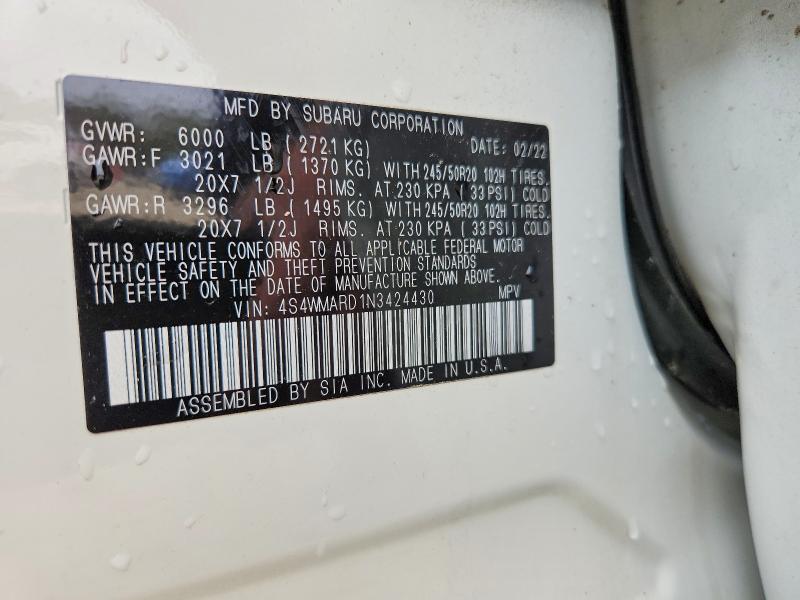 Aukcja sprzedaży 2022 Subaru Ascent, vin: 4S4WMARD1N3424430, numer aukcji: 49618526