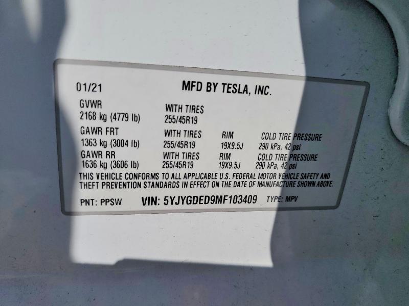 Продаж на аукціоні авто 2021 Tesla Model Y, vin: 5YJYGDED9MF103409, номер лоту: 49874596