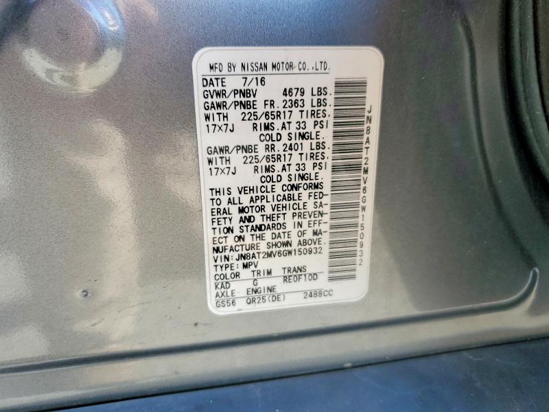 2016 Nissan Rogue მანქანა იყიდება აუქციონზე, vin: JN8AT2MV6GW150932, აუქციონის ნომერი: 51339536