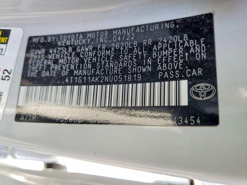 Продаж на аукціоні авто 2022 Toyota Camry, vin: 4T1G11AK2NU051819, номер лоту: 52077726