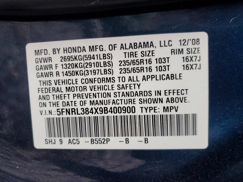 51244846 :رقم المزاد ، 5FNRL384X9B400900 vin ، 2009 Honda Odyssey مزاد بيع