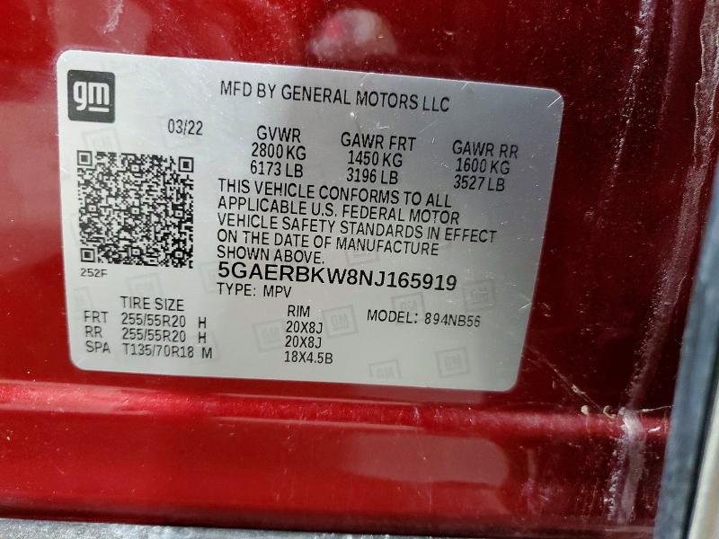 2022 Buick Enclave მანქანა იყიდება აუქციონზე, vin: 5GAERBKW8NJ165919, აუქციონის ნომერი: 51180716