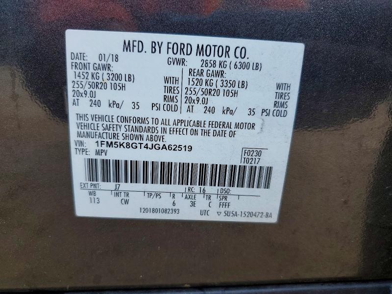 2018 Ford Explorer მანქანა იყიდება აუქციონზე, vin: 1FM5K8GT4JGA62519, აუქციონის ნომერი: 50978726