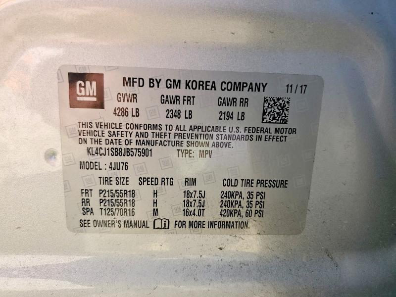 48918976 :رقم المزاد ، KL4CJ1SB8JB575901 vin ، 2018 Buick Encore مزاد بيع