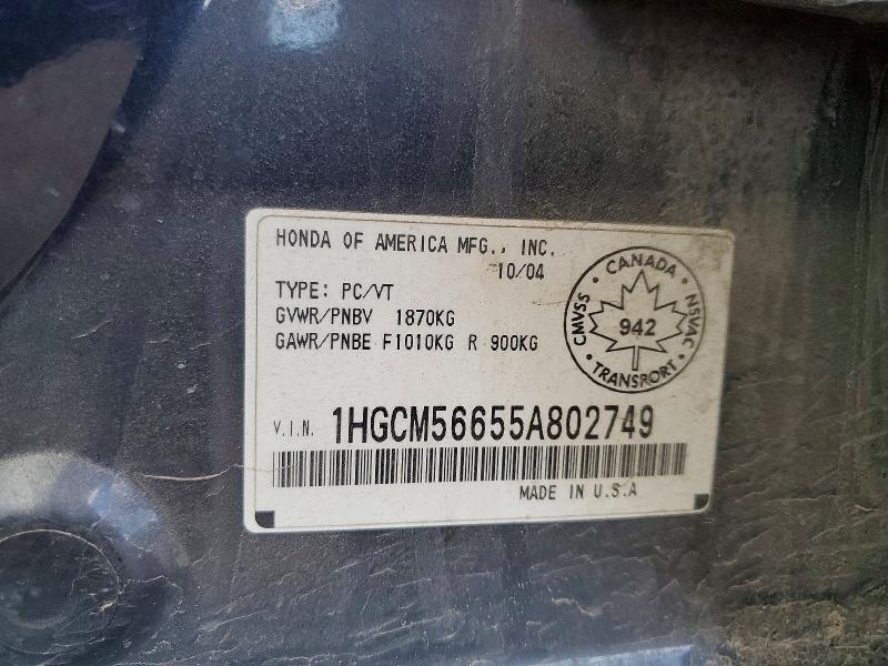 Aukcja sprzedaży 2005 Honda Accord, vin: 1HGCM56655A802749, numer aukcji: 49730426