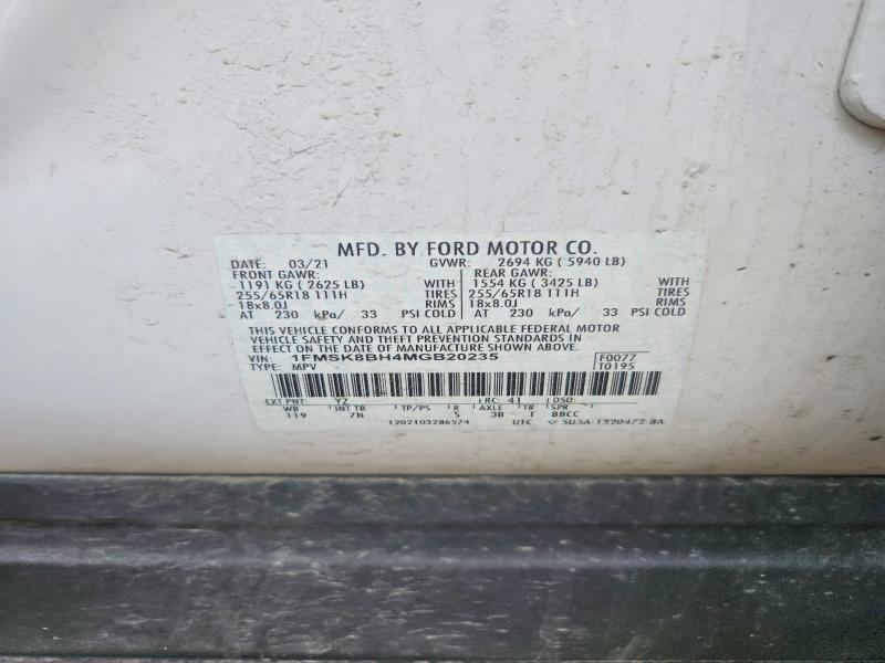2021 Ford Explorer მანქანა იყიდება აუქციონზე, vin: 1FMSK8BH4MGB20235, აუქციონის ნომერი: 49616176