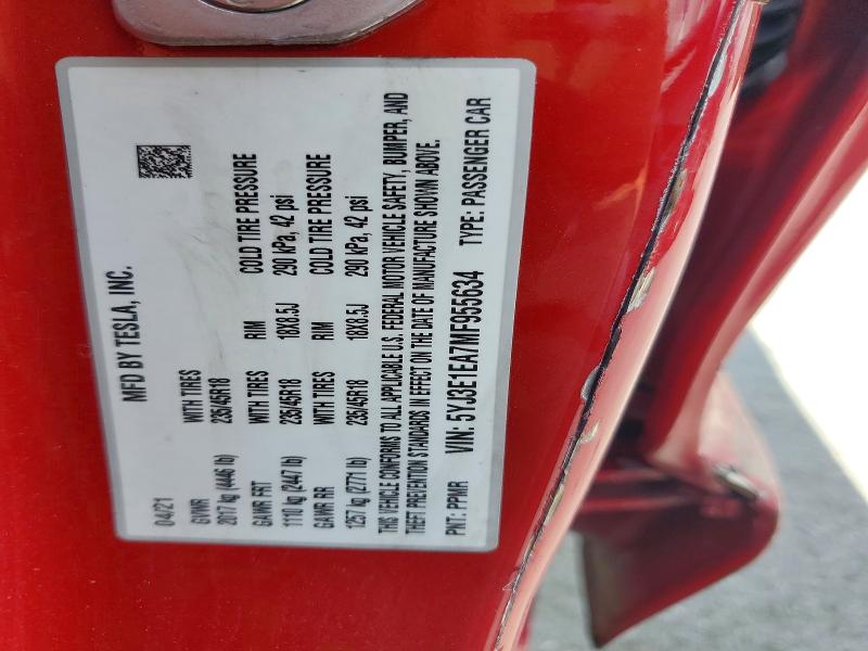 50546306 :رقم المزاد ، 5YJ3E1EA7MF955634 vin ، 2021 Tesla Model 3 مزاد بيع