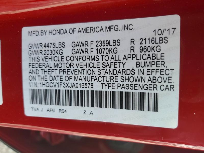 2018 Honda Accord მანქანა იყიდება აუქციონზე, vin: 1HGCV1F3XJA016578, აუქციონის ნომერი: 48225436