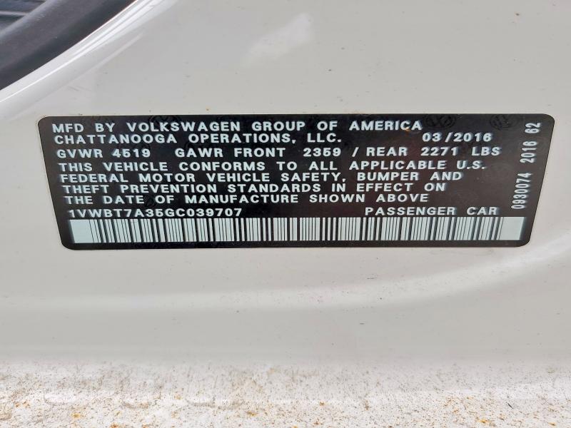 Aukcja sprzedaży 2016 Volkswagen Passat, vin: 1VWBT7A35GC039707, numer aukcji: 50192356
