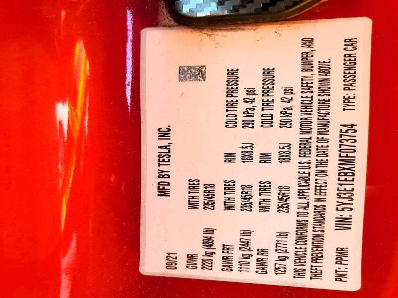 Aukcja sprzedaży 2021 Tesla Model 3, vin: 5YJ3E1EBXMF073754, numer aukcji: 51693526