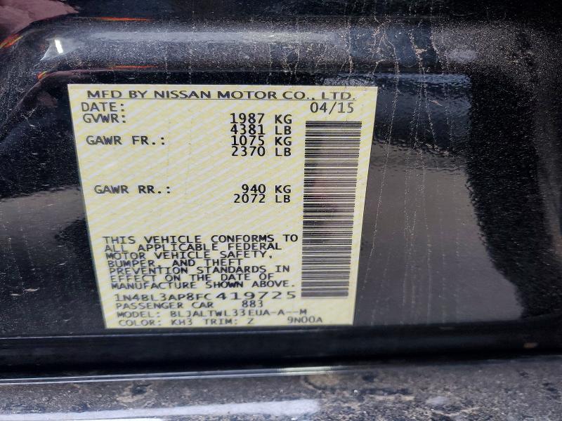 2015 Nissan Altima მანქანა იყიდება აუქციონზე, vin: 1N4BL3AP8FC419725, აუქციონის ნომერი: 52155986