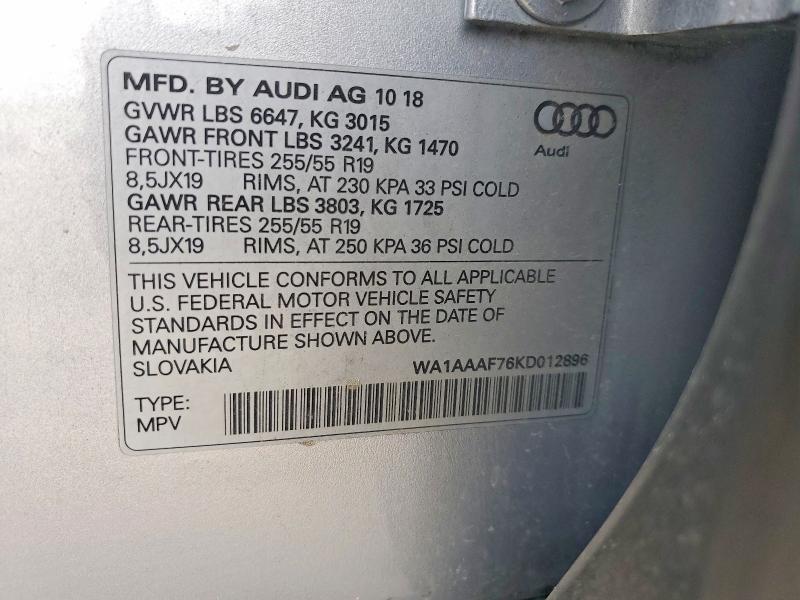 Aukcja sprzedaży 2019 Audi Q7, vin: WA1AAAF76KD012896, numer aukcji: 50344886