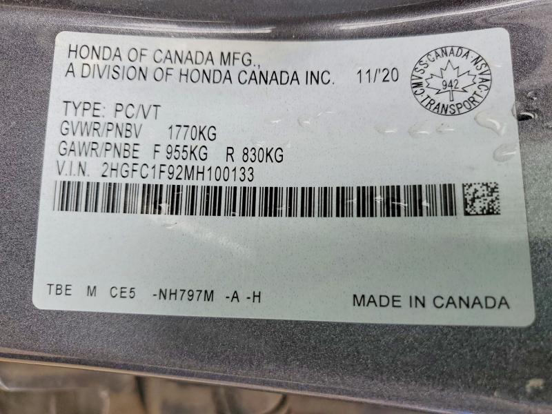 Aukcja sprzedaży 2021 Honda Civic, vin: 2HGFC1F92MH100133, numer aukcji: 51419286