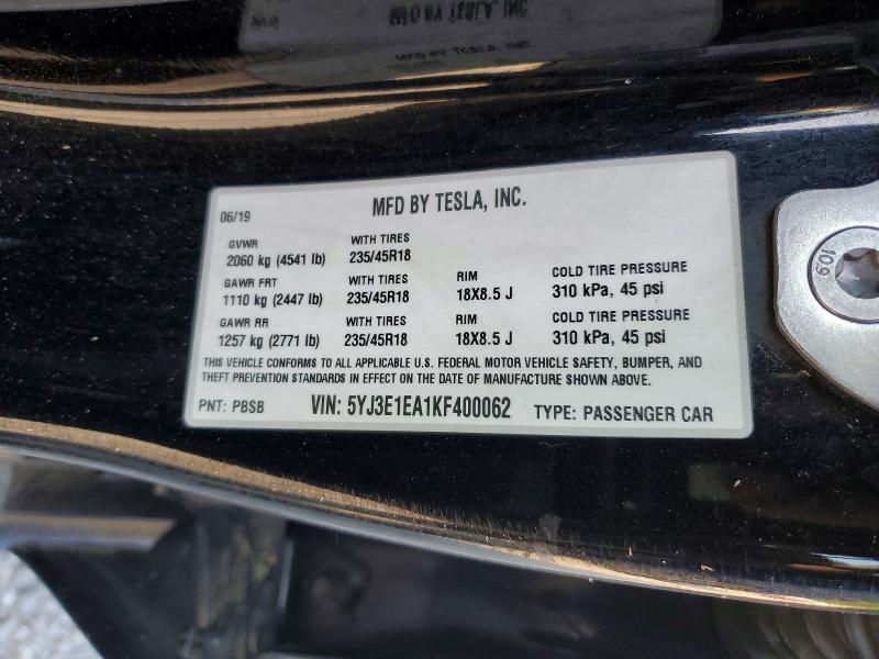 2019 Tesla Model 3 მანქანა იყიდება აუქციონზე, vin: 5YJ3E1EA1KF400062, აუქციონის ნომერი: 51044346