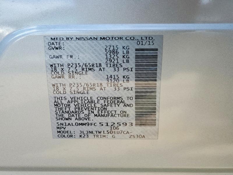 51722706 :رقم المزاد ، 5N1AL0MM9FC512593 vin ، 2015 Infiniti Qx60 مزاد بيع