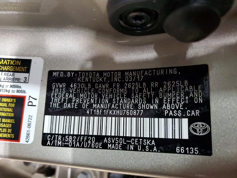 2017 Toyota Camry მანქანა იყიდება აუქციონზე, vin: 4T1BF1FKXHU760877, აუქციონის ნომერი: 48482286
