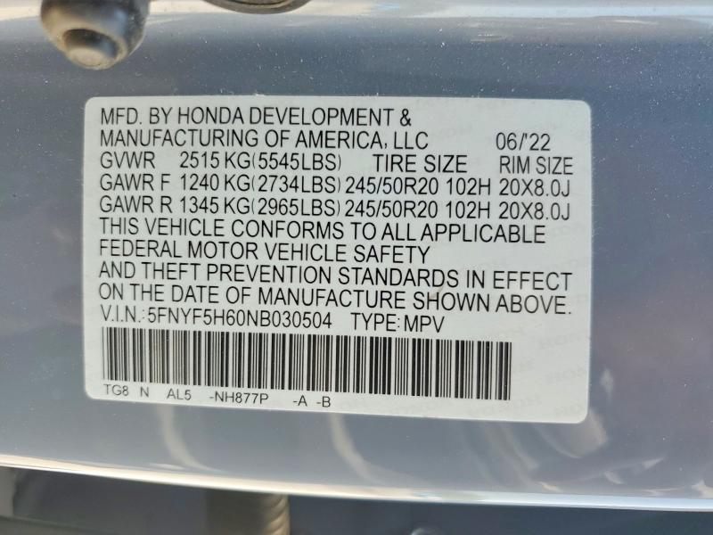 2022 Honda Pilot მანქანა იყიდება აუქციონზე, vin: 5FNYF5H60NB030504, აუქციონის ნომერი: 51225516