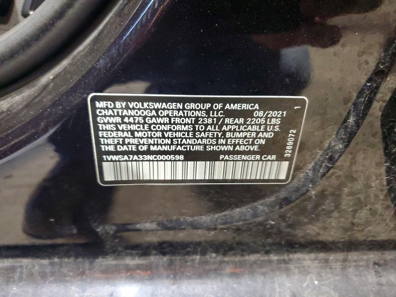 Aukcja sprzedaży 2022 Volkswagen Passat, vin: 1VWSA7A33NC000598, numer aukcji: 51182636