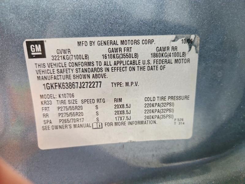51126436 :رقم المزاد ، 1GKFK63867J272277 vin ، 2007 Gmc Yukon مزاد بيع