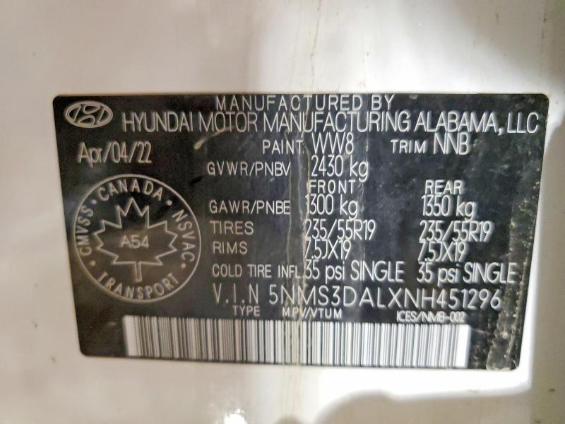 49070366 :رقم المزاد ، 5NMS3DALXNH451296 vin ، 2022 Hyundai Santa Fe مزاد بيع