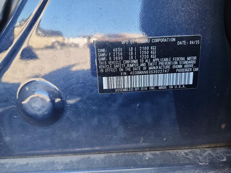 2025 Subaru Legacy მანქანა იყიდება აუქციონზე, vin: 4S3BWAN63S3022747, აუქციონის ნომერი: 50391856