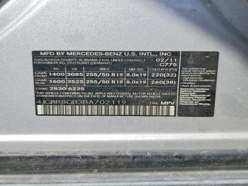 49232546 :رقم المزاد ، 4JGBB8GB3BA702119 vin ، 2011 Mercedes-benz Ml مزاد بيع