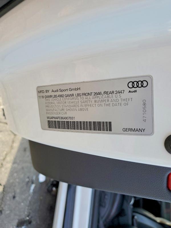 2019 Audi Rs5 მანქანა იყიდება აუქციონზე, vin: WUAPWAF53KA907931, აუქციონის ნომერი: 50168086