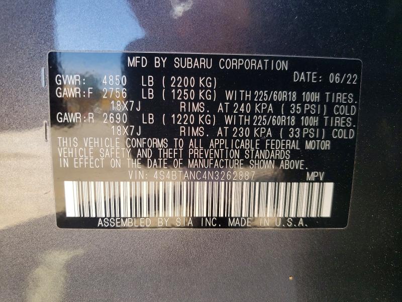 2022 Subaru Outback მანქანა იყიდება აუქციონზე, vin: 4S4BTANC4N3262887, აუქციონის ნომერი: 49869806