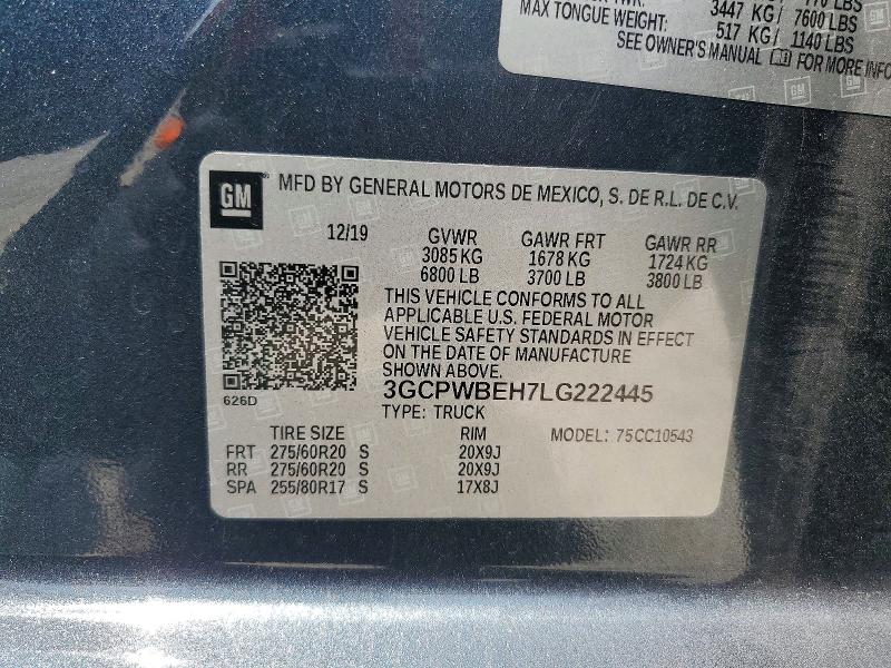 51018676 :رقم المزاد ، 3GCPWBEH7LG222445 vin ، 2020 Chevrolet Silverado مزاد بيع