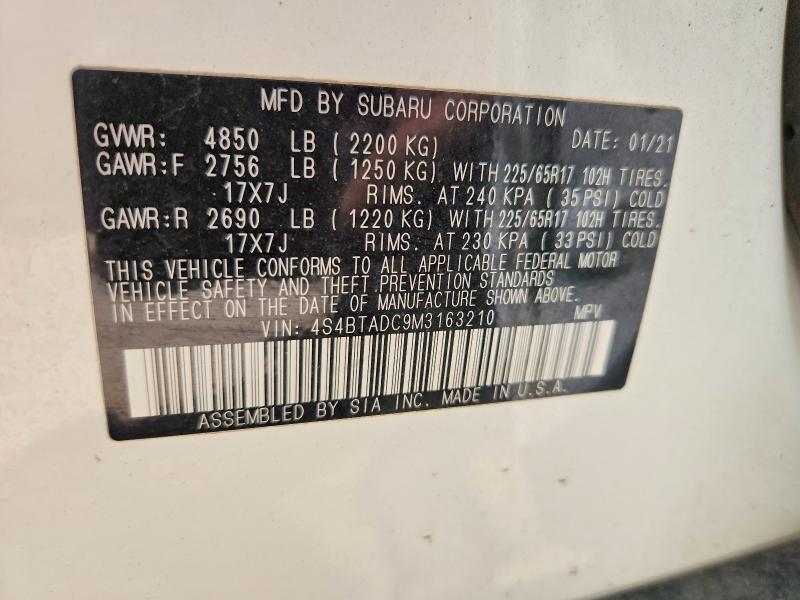 2021 Subaru Outback მანქანა იყიდება აუქციონზე, vin: 4S4BTADC9M3163210, აუქციონის ნომერი: 49752676