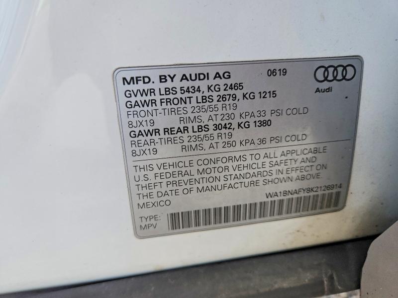 51611576 :رقم المزاد ، WA1BNAFY8K2126914 vin ، 2019 Audi Q5 مزاد بيع