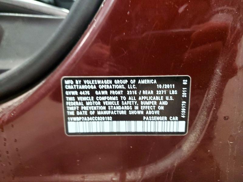 Продажа на аукционе авто 2012 Volkswagen Passat, vin: 1VWBP7A34CC020192, номер лота: 50833126