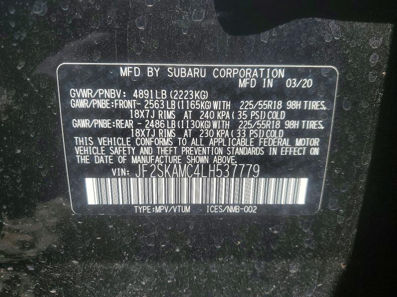 Продаж на аукціоні авто 2020 Subaru Forester, vin: JF2SKAMC4LH537779, номер лоту: 46629016