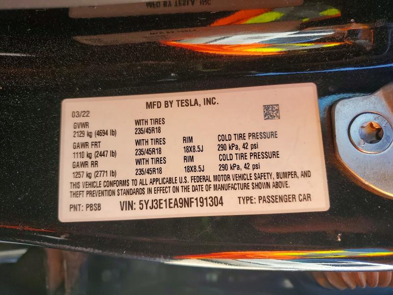 49175466 :رقم المزاد ، 5YJ3E1EA9NF191304 vin ، 2022 Tesla Model 3 مزاد بيع
