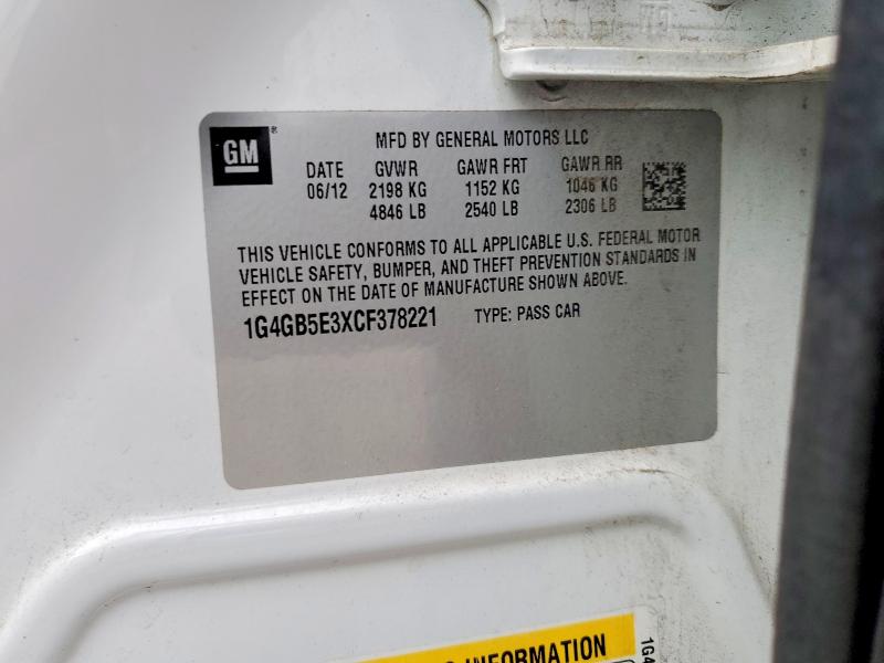 2012 Buick Lacrosse მანქანა იყიდება აუქციონზე, vin: 1G4GB5E3XCF378221, აუქციონის ნომერი: 48247496